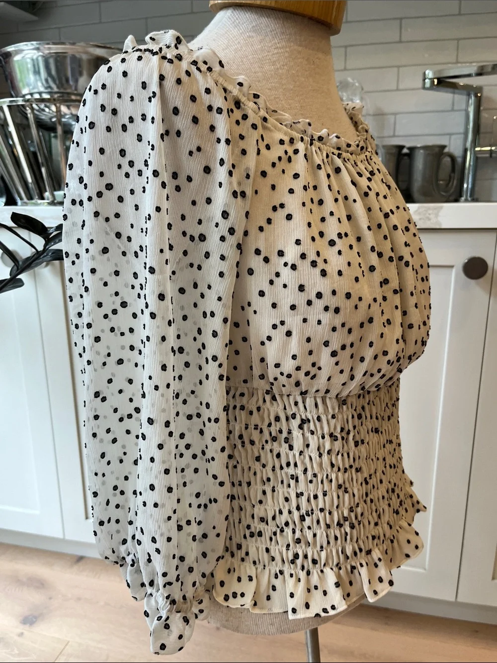 Anthropologie Lucia Cream with Black Polka Dot’s Wide Smocked Waist Top - Picture 6 of 10